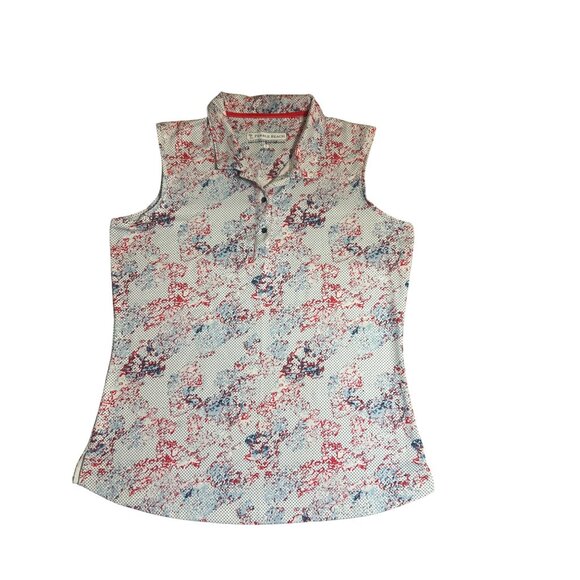 Pebble Beach Sleeveless Polo Shirt Dry Luxe Performance Red Blue Abstract Sz L - Picture 1 of 4